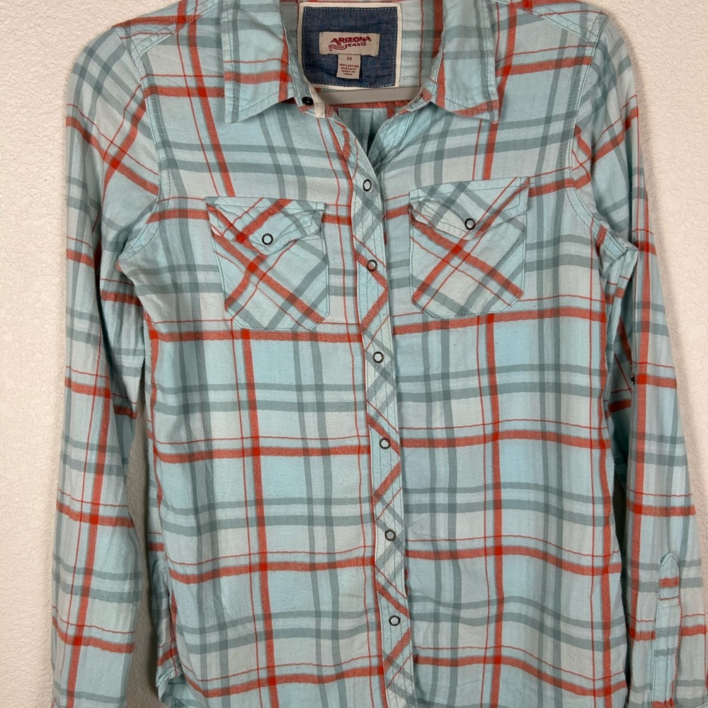Arizona Women’s XS cotton plaid Cowgirl Boho light flannel snap closure …